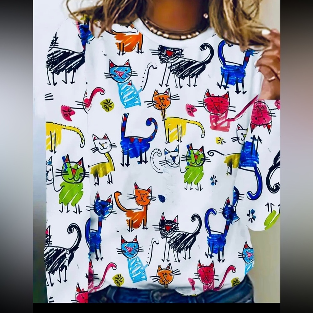 New. Colorful Cat Print Long Sleeve Top. Size 4X